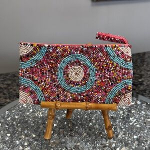 Artisan Beaded Zip Wristlet Pouch in Pink & Turquoise handcrafted